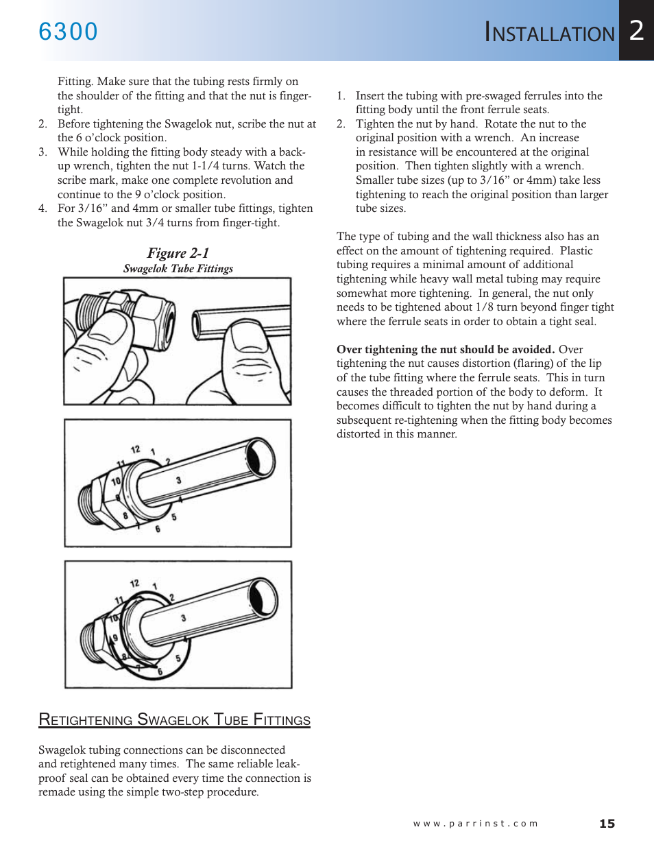 Figure 2-1, Swagelok tube fittings — 15, Nstallation | Parr Instrument 6300 User Manual | Page 15 / 130