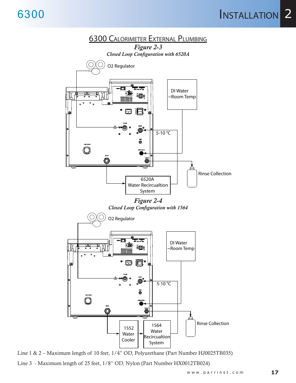 6300 calorimeter external plumbing — 17, Figure 2-3, Closed loop configuration with 6520a — 17 | Figure 2-4, Closed loop configuration with 1564 — 17, Nstallation, 6300 c | Parr Instrument 6300 User Manual | Page 17 / 130