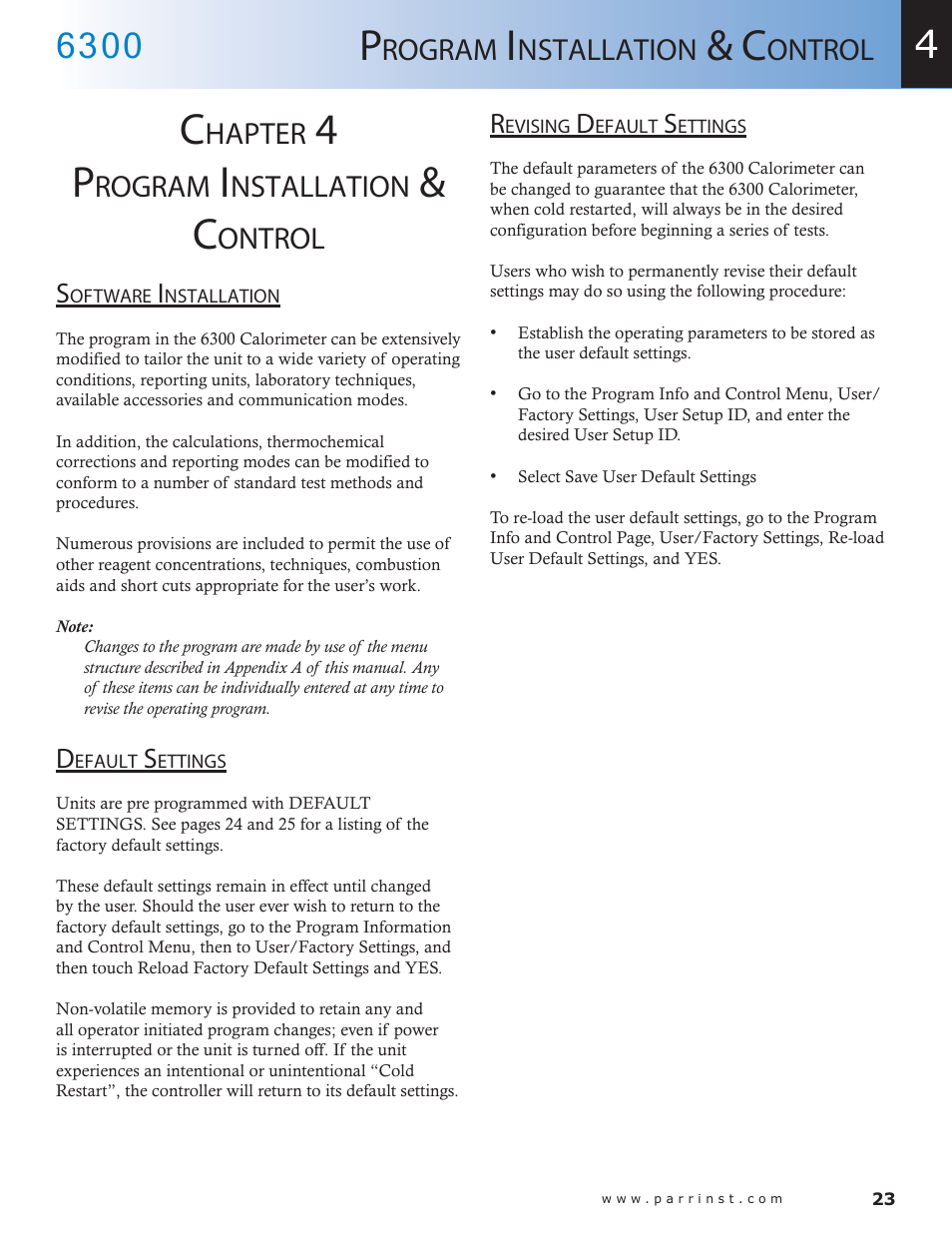 Hapter, Rogram, Nstallation | Ontrol | Parr Instrument 6300 User Manual | Page 23 / 130