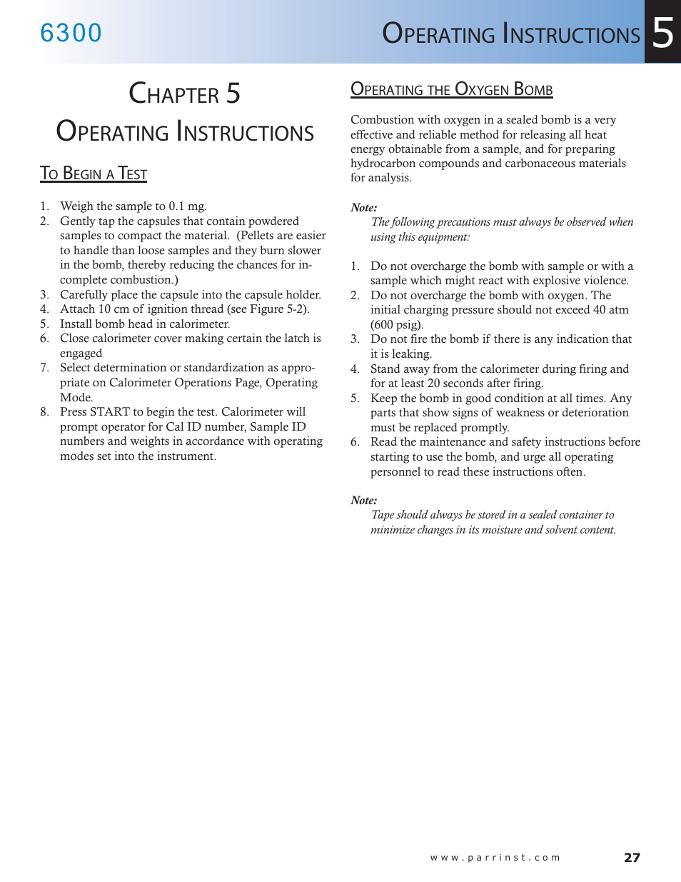 Hapter, Perating, Nstructions | Parr Instrument 6300 User Manual | Page 27 / 130