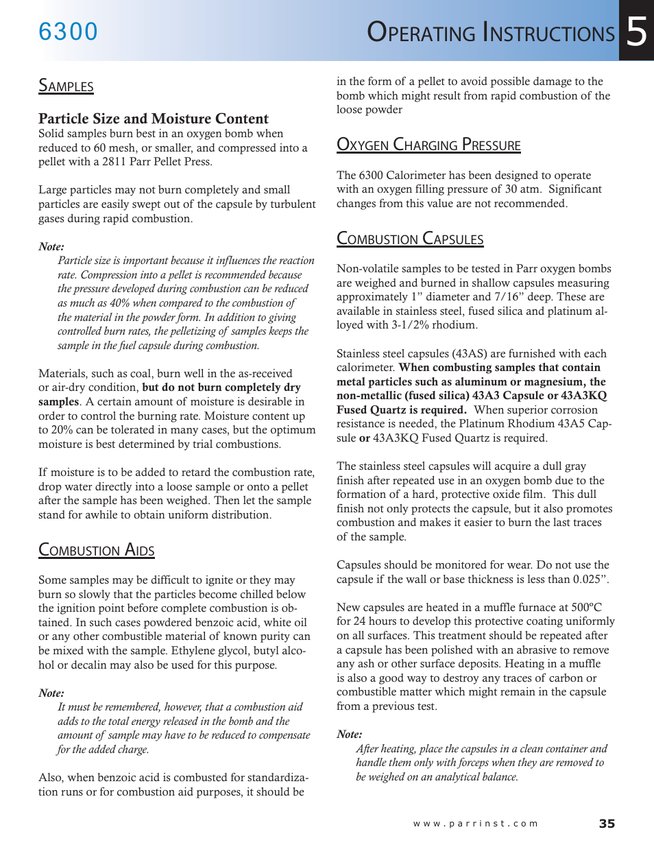 Samples — 35, Perating, Nstructions | Parr Instrument 6300 User Manual | Page 35 / 130