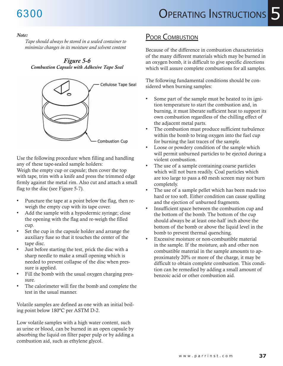Poor combustion — 37, Figure 5-6, Combustion capsule with adhesive tape seal — 37 | Perating, Nstructions | Parr Instrument 6300 User Manual | Page 37 / 130