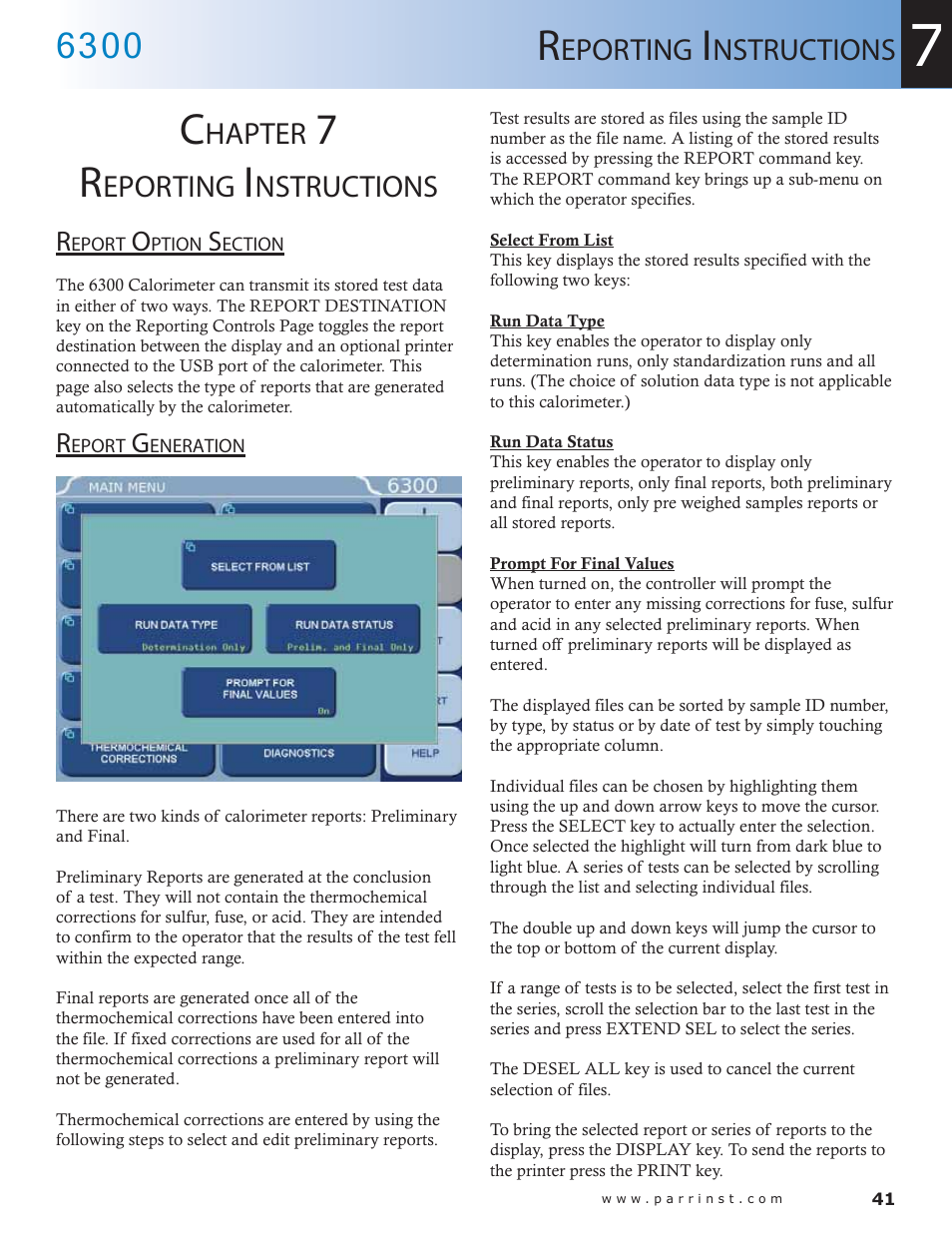 Hapter, Eporting, Nstructions | Report option section — 41 report generation — 41 | Parr Instrument 6300 User Manual | Page 41 / 130