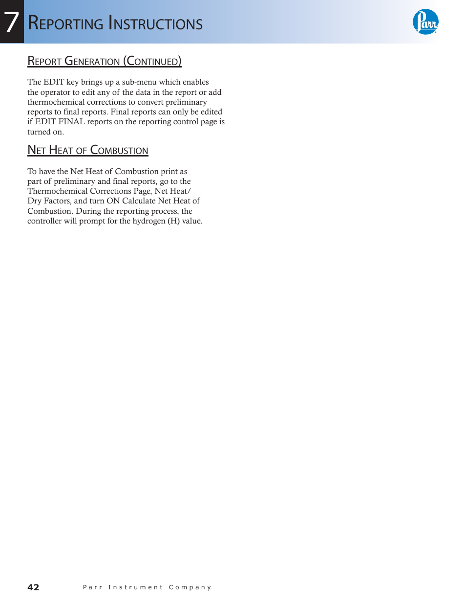 Net heat of combustion — 42, Eporting, Nstructions | Parr Instrument 6300 User Manual | Page 42 / 130