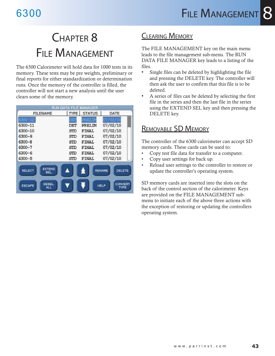 Hapter, Anagement, Clearing memory — 43 removable sd memory — 43 | Parr Instrument 6300 User Manual | Page 43 / 130