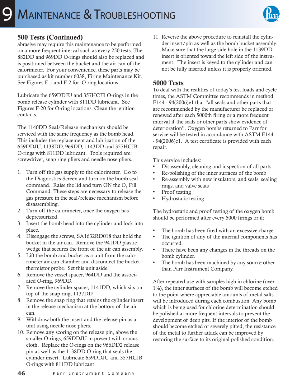 Aintenance, Roubleshooting | Parr Instrument 6300 User Manual | Page 46 / 130