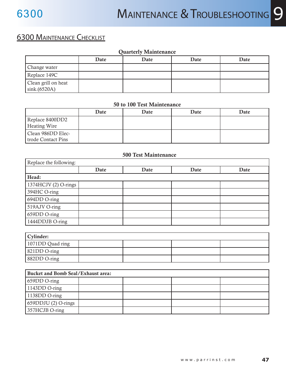 6300 maintenance checklist — 47, Aintenance, Roubleshooting | 6300 m | Parr Instrument 6300 User Manual | Page 47 / 130
