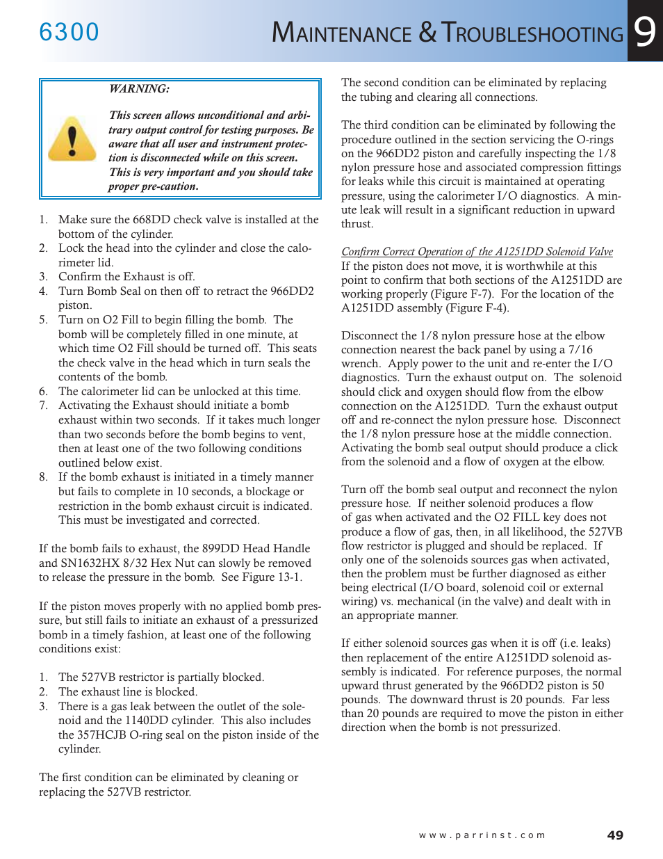 Aintenance, Roubleshooting | Parr Instrument 6300 User Manual | Page 49 / 130