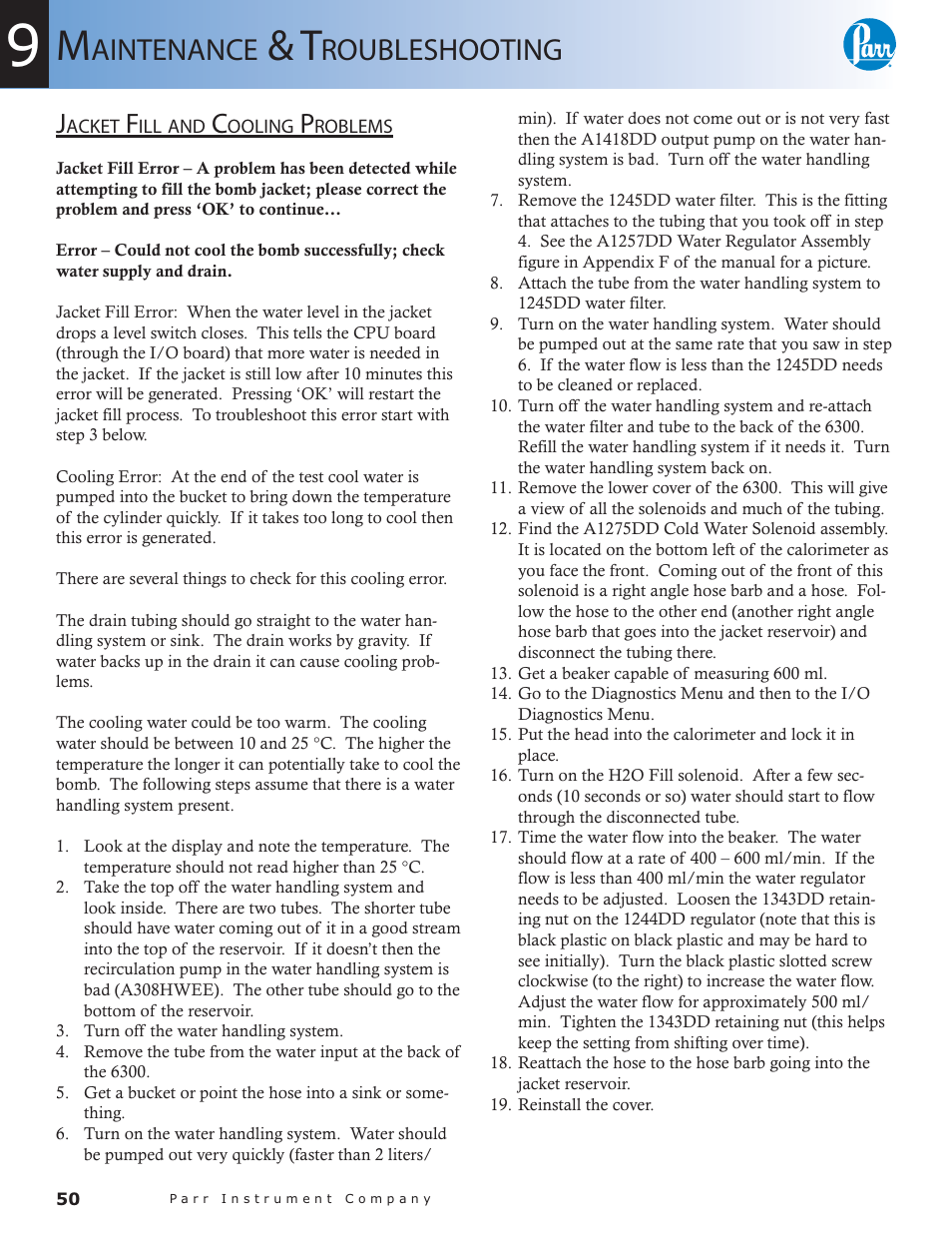 Jacket fill and cooling problems — 50, Aintenance, Roubleshooting | Parr Instrument 6300 User Manual | Page 50 / 130