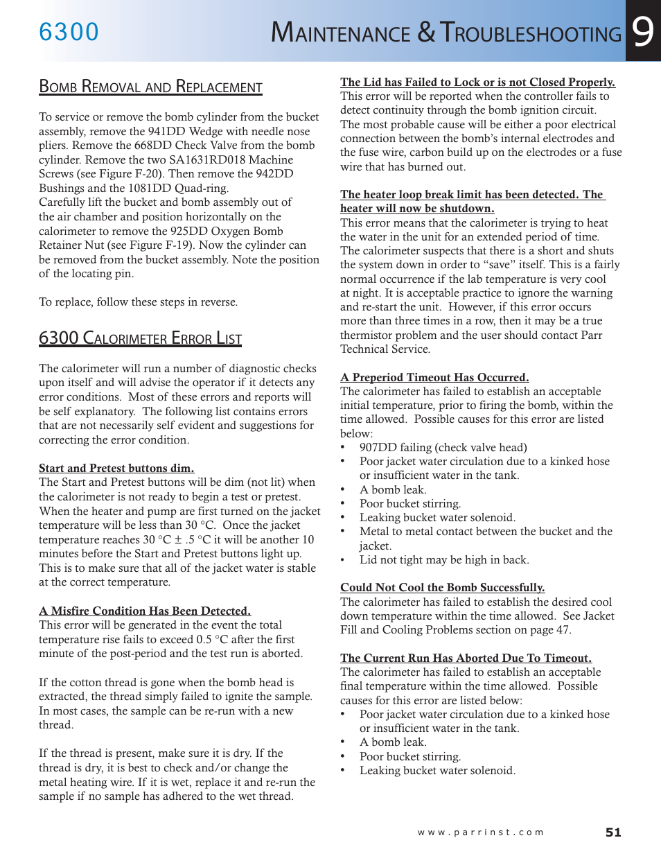 Aintenance, Roubleshooting, 6300 c | Parr Instrument 6300 User Manual | Page 51 / 130