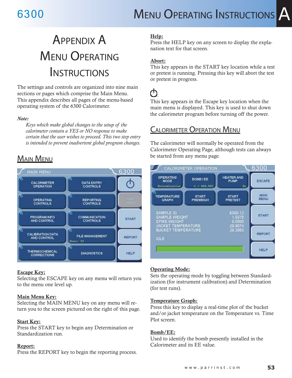Ppendix, Perating, Nstructions | Main menu — 53 calorimeter operation menu — 53 | Parr Instrument 6300 User Manual | Page 53 / 130