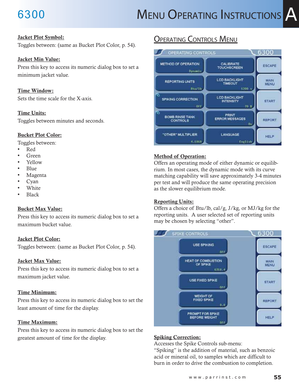 Operating controls menu — 55, Perating, Nstructions | Parr Instrument 6300 User Manual | Page 55 / 130