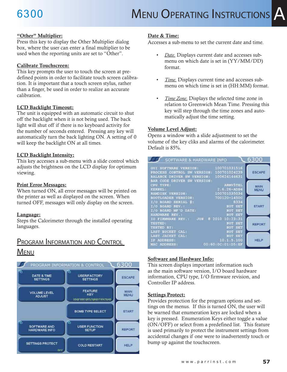 Program information and control menu — 57, Perating, Nstructions | Parr Instrument 6300 User Manual | Page 57 / 130