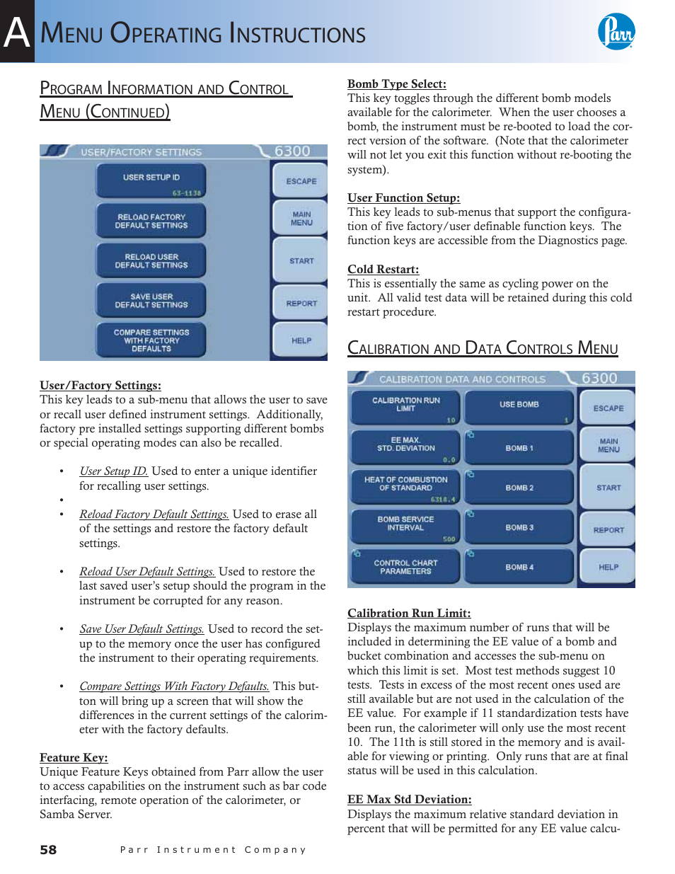 Calibration and data controls menu — 58, Perating, Nstructions | Parr Instrument 6300 User Manual | Page 58 / 130