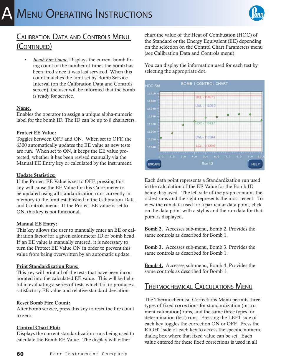 Thermochemical calculations menu — 60, Perating, Nstructions | Parr Instrument 6300 User Manual | Page 60 / 130
