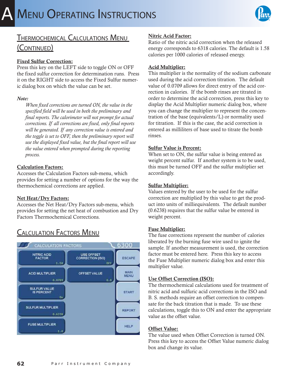Calculation factors menu — 62, Perating, Nstructions | Parr Instrument 6300 User Manual | Page 62 / 130