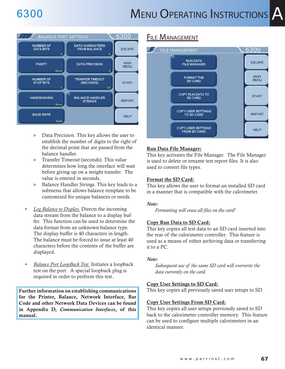 File management — 67, Perating, Nstructions | Parr Instrument 6300 User Manual | Page 67 / 130