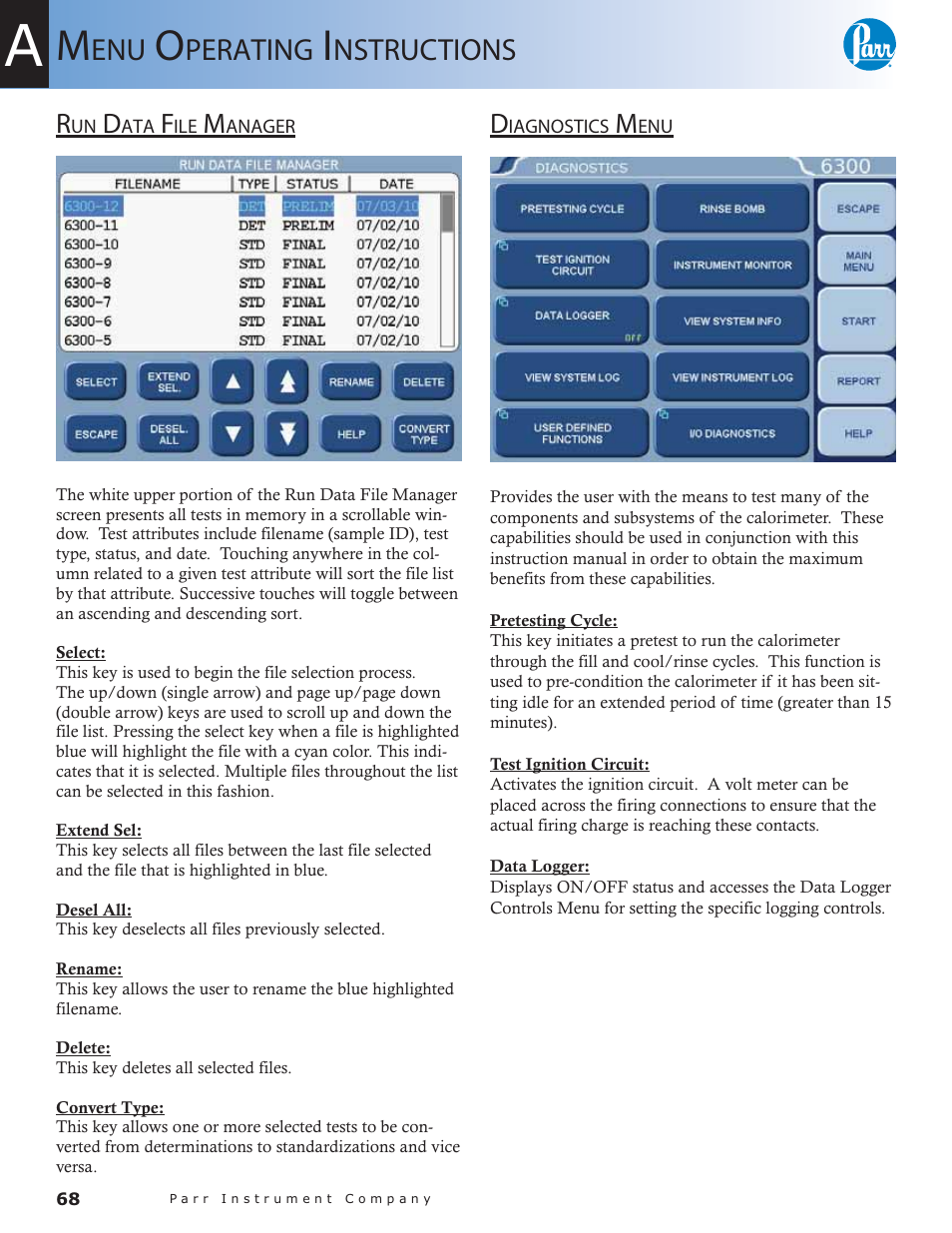 Run data file manager — 68 diagnostics menu — 68, Perating, Nstructions | Parr Instrument 6300 User Manual | Page 68 / 130