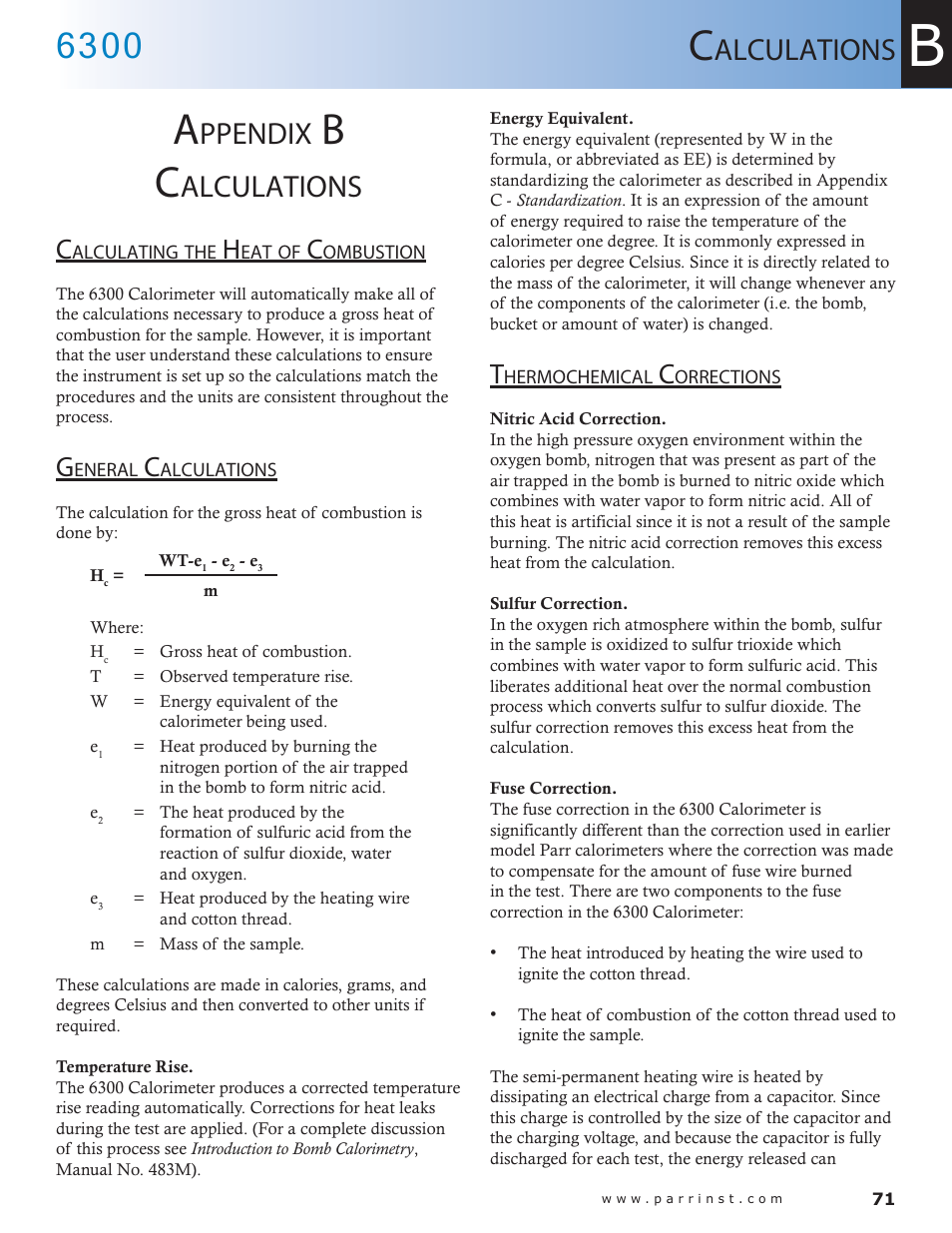 Ppendix, Alculations | Parr Instrument 6300 User Manual | Page 71 / 130