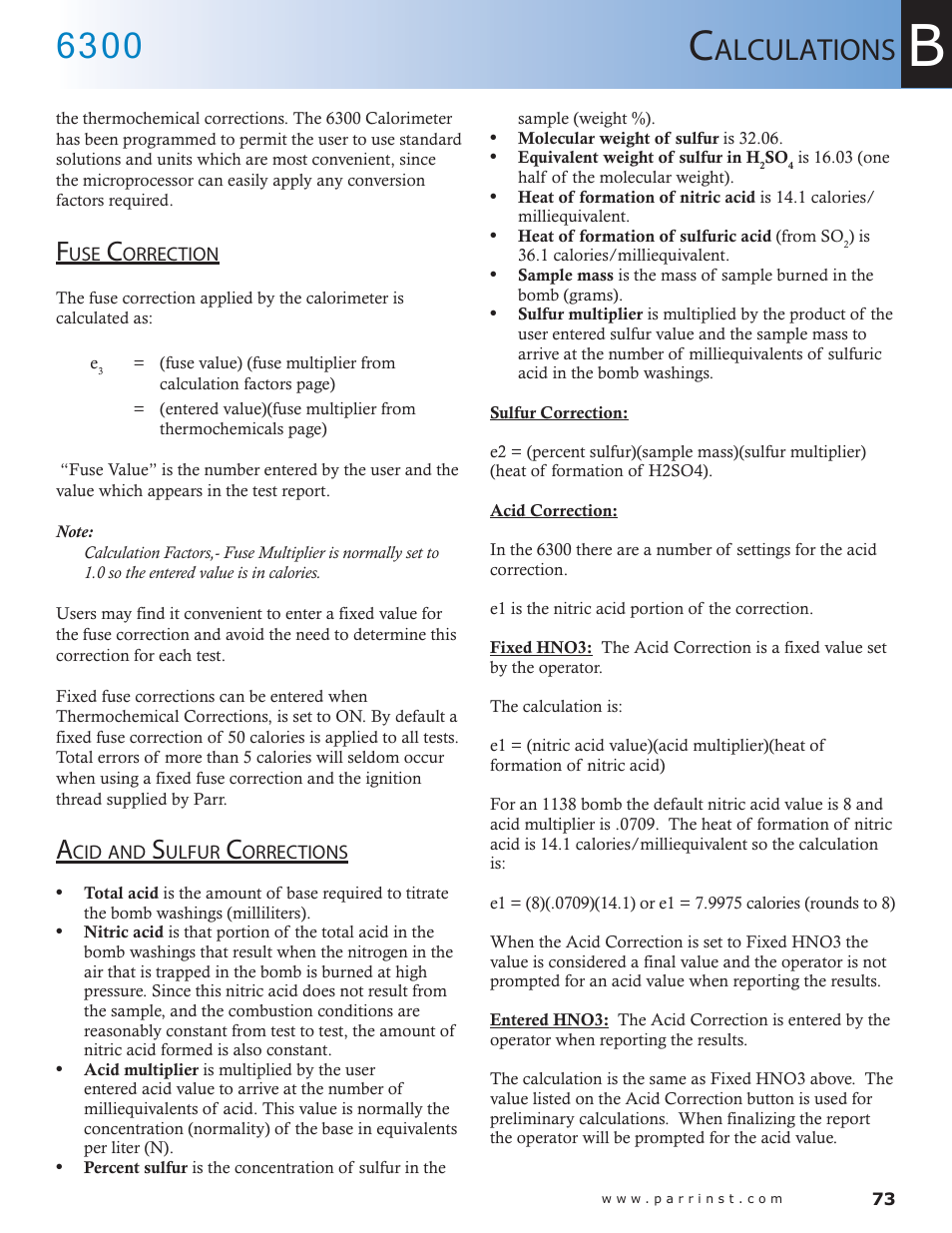 Alculations | Parr Instrument 6300 User Manual | Page 73 / 130