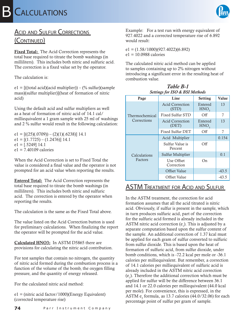 Astm treatment for acid and sulfur — 74, Table b-1, Settings for iso & bsi methods — 74 | Alculations, Astm t | Parr Instrument 6300 User Manual | Page 74 / 130