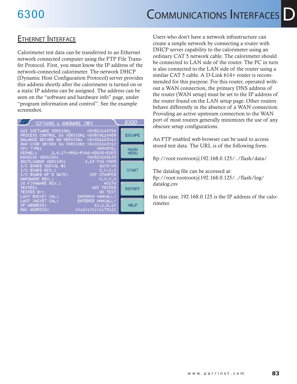 Ethernet interface — 83 | Parr Instrument 6300 User Manual | Page 83 / 130