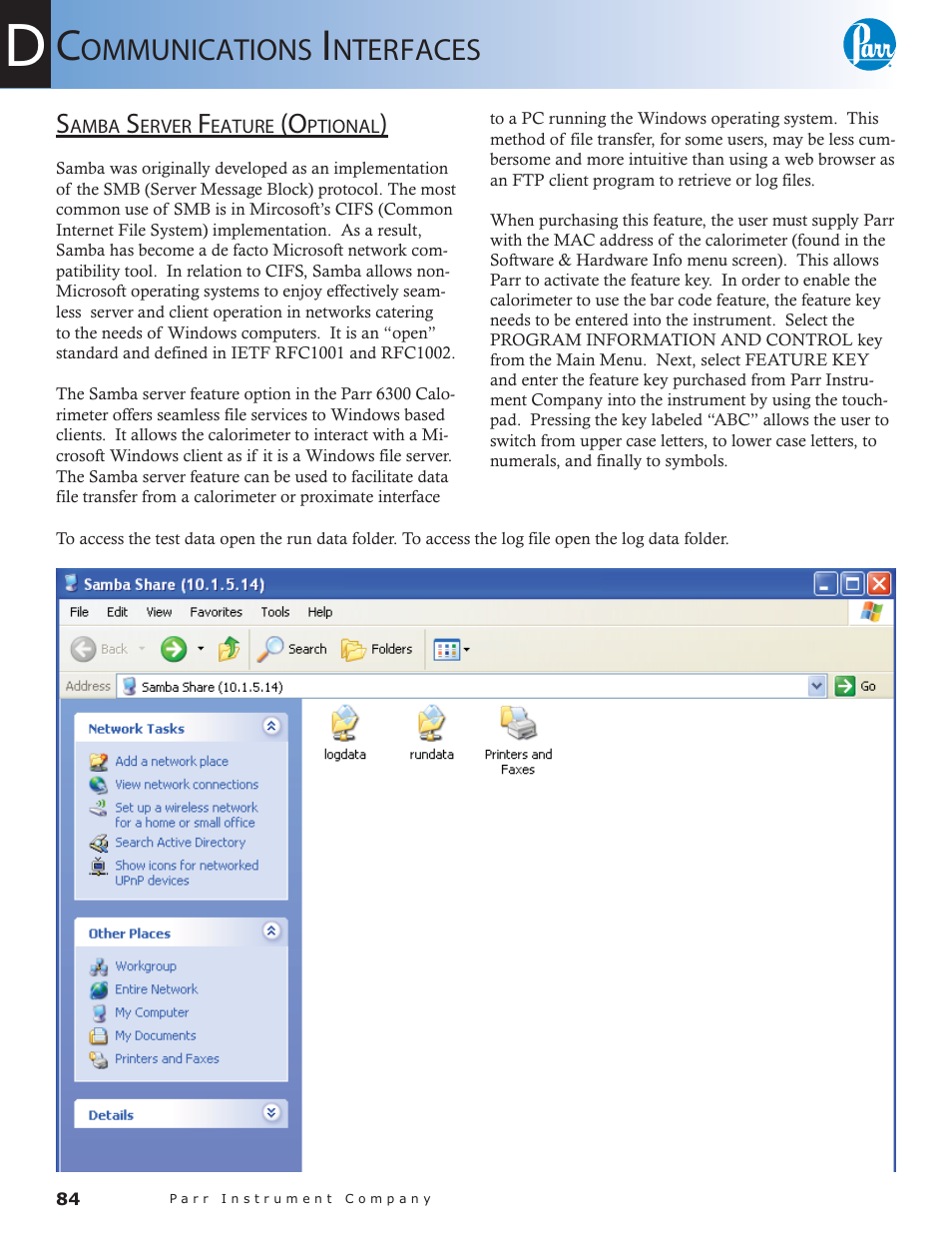 Samba server feature (optional) — 84, Ommunications, Nterfaces | Parr Instrument 6300 User Manual | Page 84 / 130