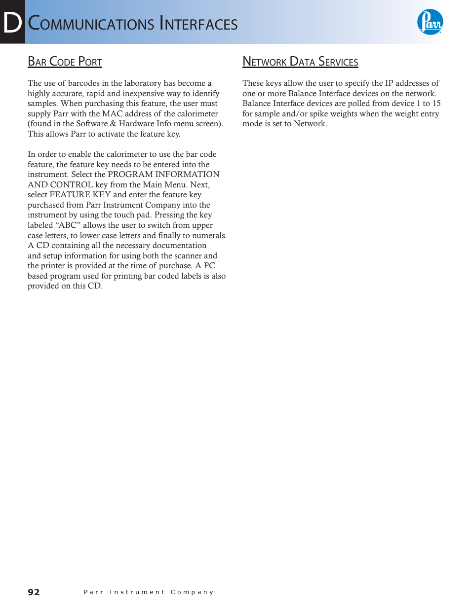 Bar code port — 92 network data services — 92, Ommunications, Nterfaces | Parr Instrument 6300 User Manual | Page 92 / 130