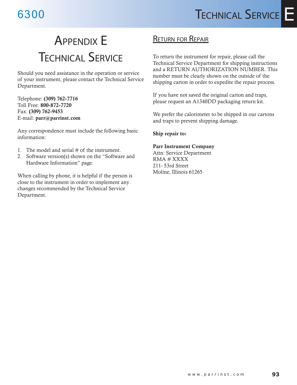 Ppendix, Echnical, Ervice | Return for repair — 93 | Parr Instrument 6300 User Manual | Page 93 / 130