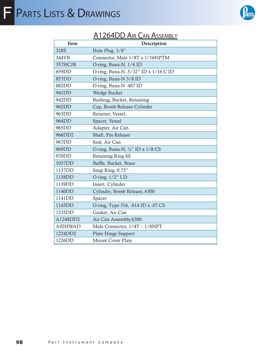 A1264dd air can assembly — 98, Arts, Ists | Rawings, A1264dd a | Parr Instrument 6300 User Manual | Page 98 / 130
