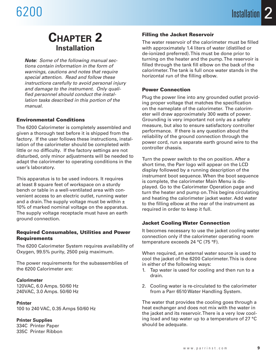 Chapter 2, Installation, Environmental conditions | Filling the jacket reservoir, Power connection, Jacket cooling water connection, Chapter 2 9, Hapter | Parr Instrument 6200 User Manual | Page 11 / 88