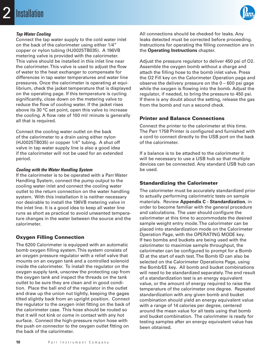 Tap water cooling, Cooling with the water handling system, Oxygen filling connection | Printer and balance connections, Standardizing the calorimeter, Installation | Parr Instrument 6200 User Manual | Page 12 / 88