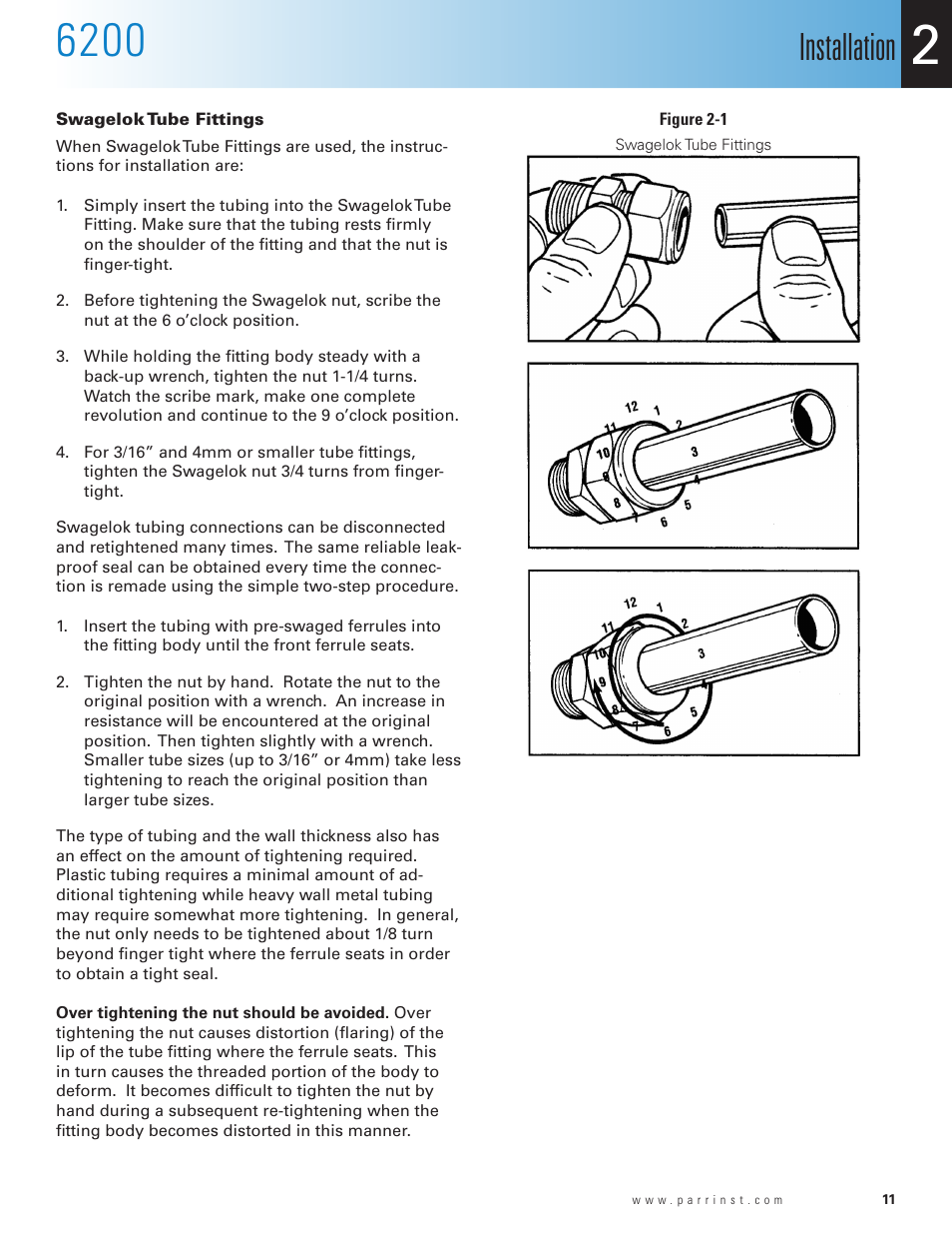 Swagelok tube fittings, Figure 2-1, Installation | Parr Instrument 6200 User Manual | Page 13 / 88