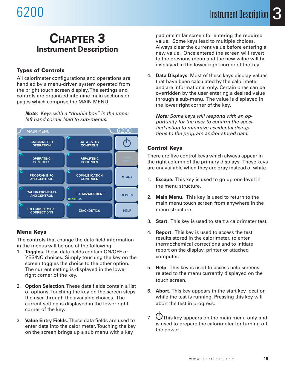 Chapter 3, Instrument description, Types of controls | Menu keys, Control keys, Chapter 3 15, Hapter | Parr Instrument 6200 User Manual | Page 17 / 88
