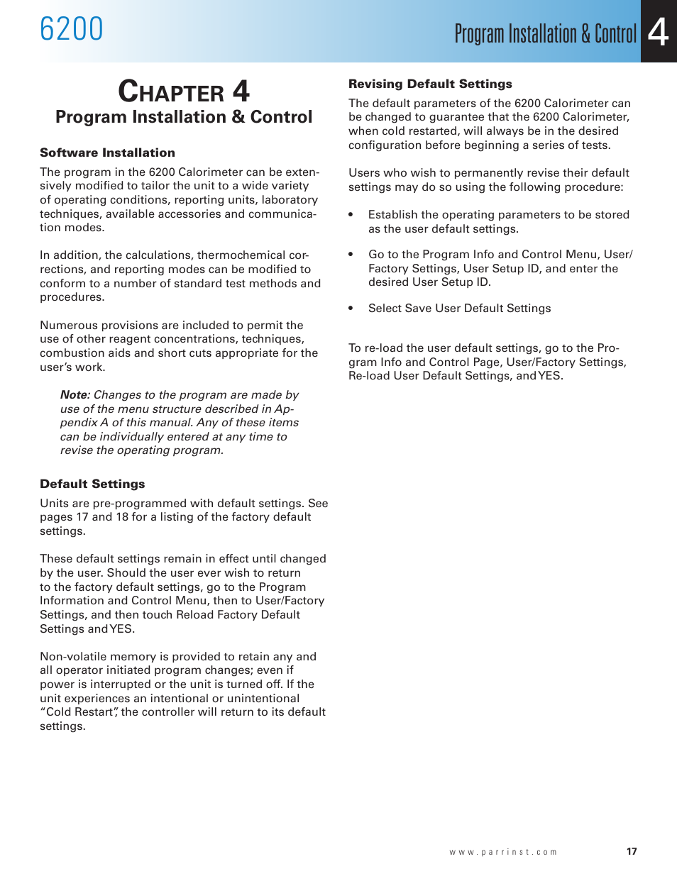 Chapter 4, Program installation & control, Software installation | Default settings, Revising default settings, Chapter 4 17, Hapter | Parr Instrument 6200 User Manual | Page 19 / 88
