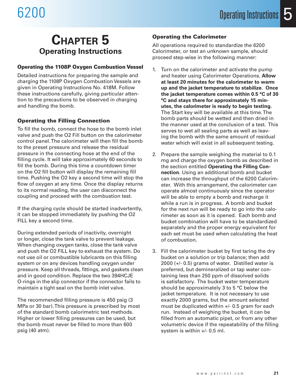 Chapter 5, Operating instructions, Operating the 1108p oxygen combustion vessel | Operating the filling connection, Operating the calorimeter, Chapter 5 21, Hapter | Parr Instrument 6200 User Manual | Page 23 / 88