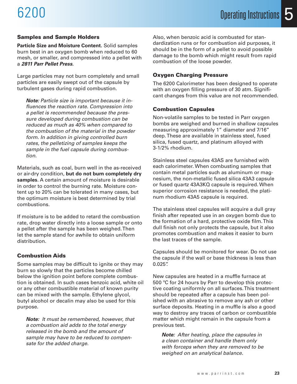 Samples and sample holders, Combustion aids, Oxygen charging pressure | Combustion capsules, Operating instructions | Parr Instrument 6200 User Manual | Page 25 / 88