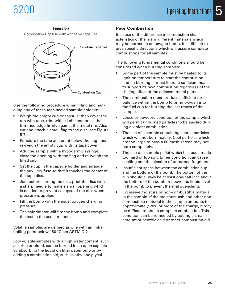 Poor combustion, Figure 5-7, Combustion capsule with adhesive tape seal | Combustion capsule with adhesive tape seal 25, Operating instructions | Parr Instrument 6200 User Manual | Page 27 / 88
