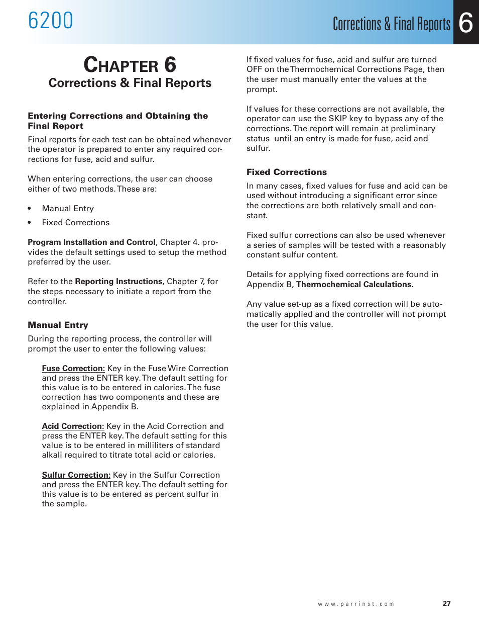 Chapter 6, Corrections & final reports, Manual entry | Fixed corrections, Chapter 6 27, Hapter | Parr Instrument 6200 User Manual | Page 29 / 88