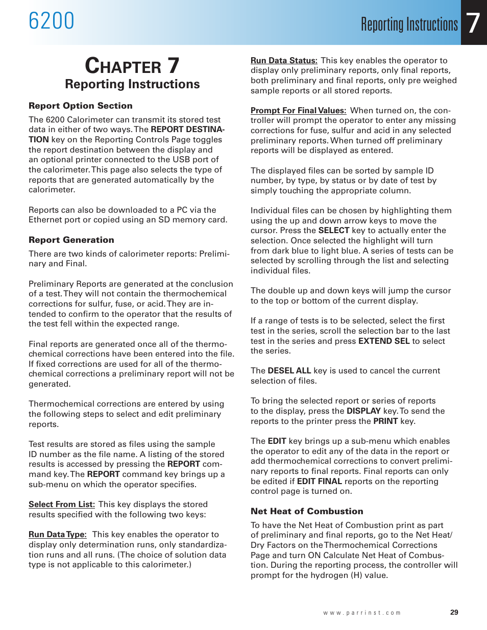 Chapter 7, Reporting instructions, Report option section | Report generation, Net heat of combustion, Chapter 7 29, Hapter | Parr Instrument 6200 User Manual | Page 31 / 88