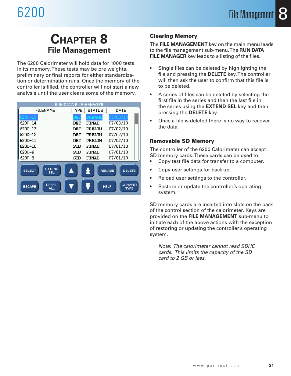 Chapter 8, File management, Clearing memory | Removable sd memory, Chapter 8 31, Hapter | Parr Instrument 6200 User Manual | Page 33 / 88