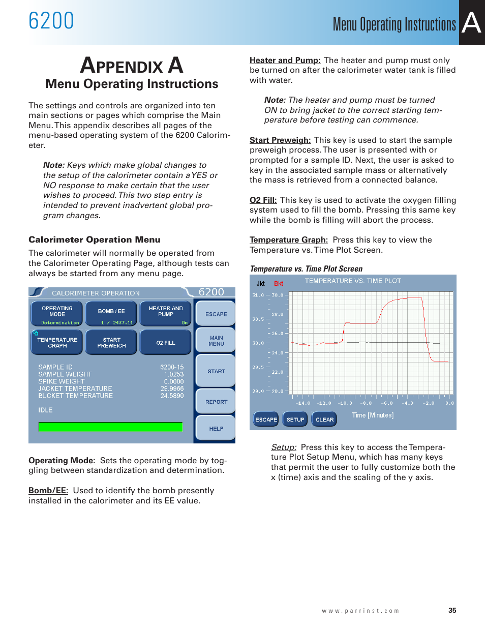 Appendix a, Menu operating instructions, Calorimeter operation menu | Temperature vs. time plot screen, Appendix a 35, Ppendix | Parr Instrument 6200 User Manual | Page 37 / 88