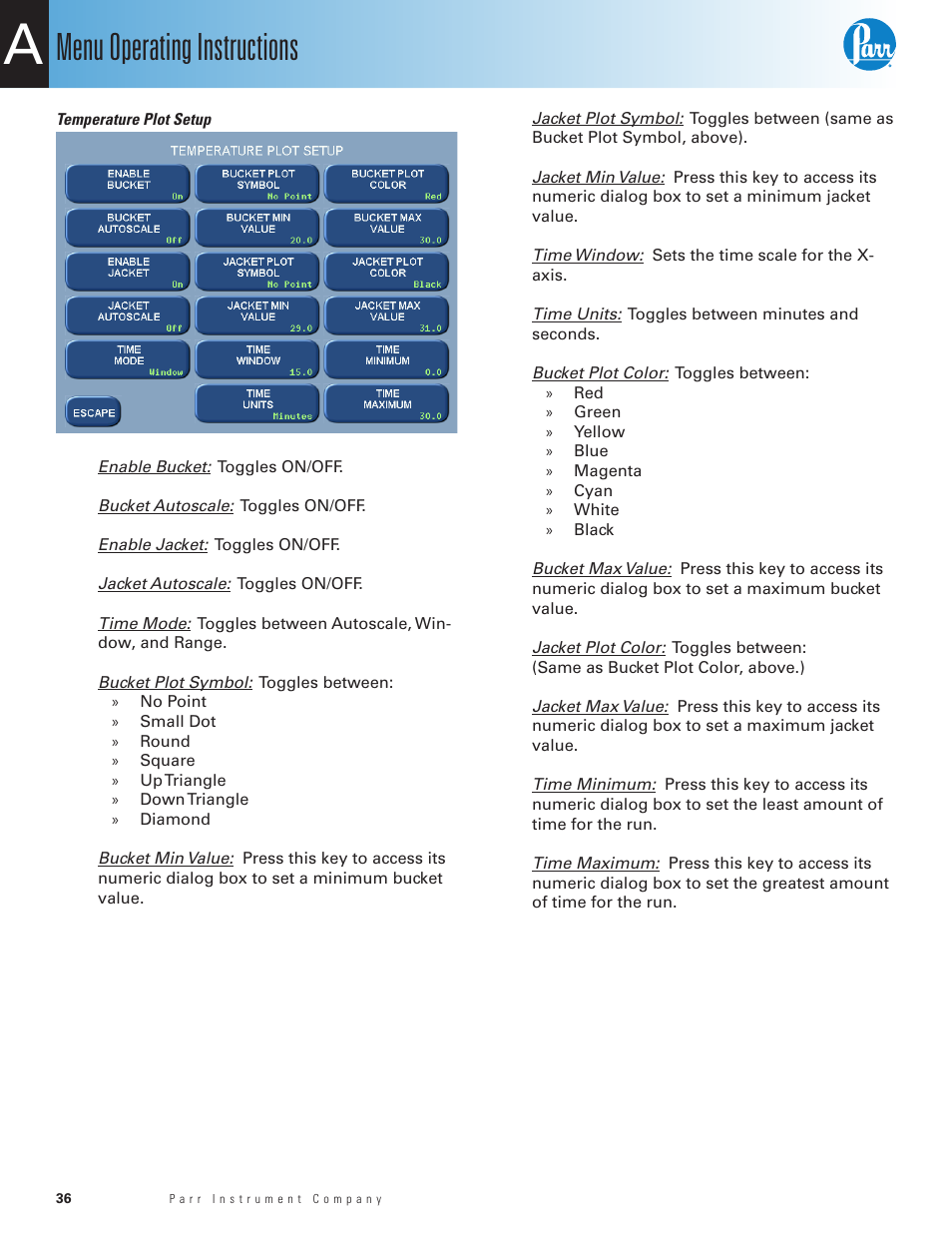 Temperature plot setup, Menu operating instructions | Parr Instrument 6200 User Manual | Page 38 / 88