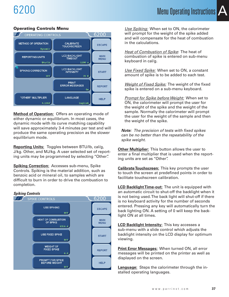 Operating controls menu, Menu operating instructions | Parr Instrument 6200 User Manual | Page 39 / 88