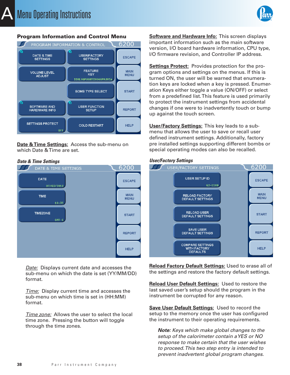 Program information and control menu, Menu operating instructions | Parr Instrument 6200 User Manual | Page 40 / 88