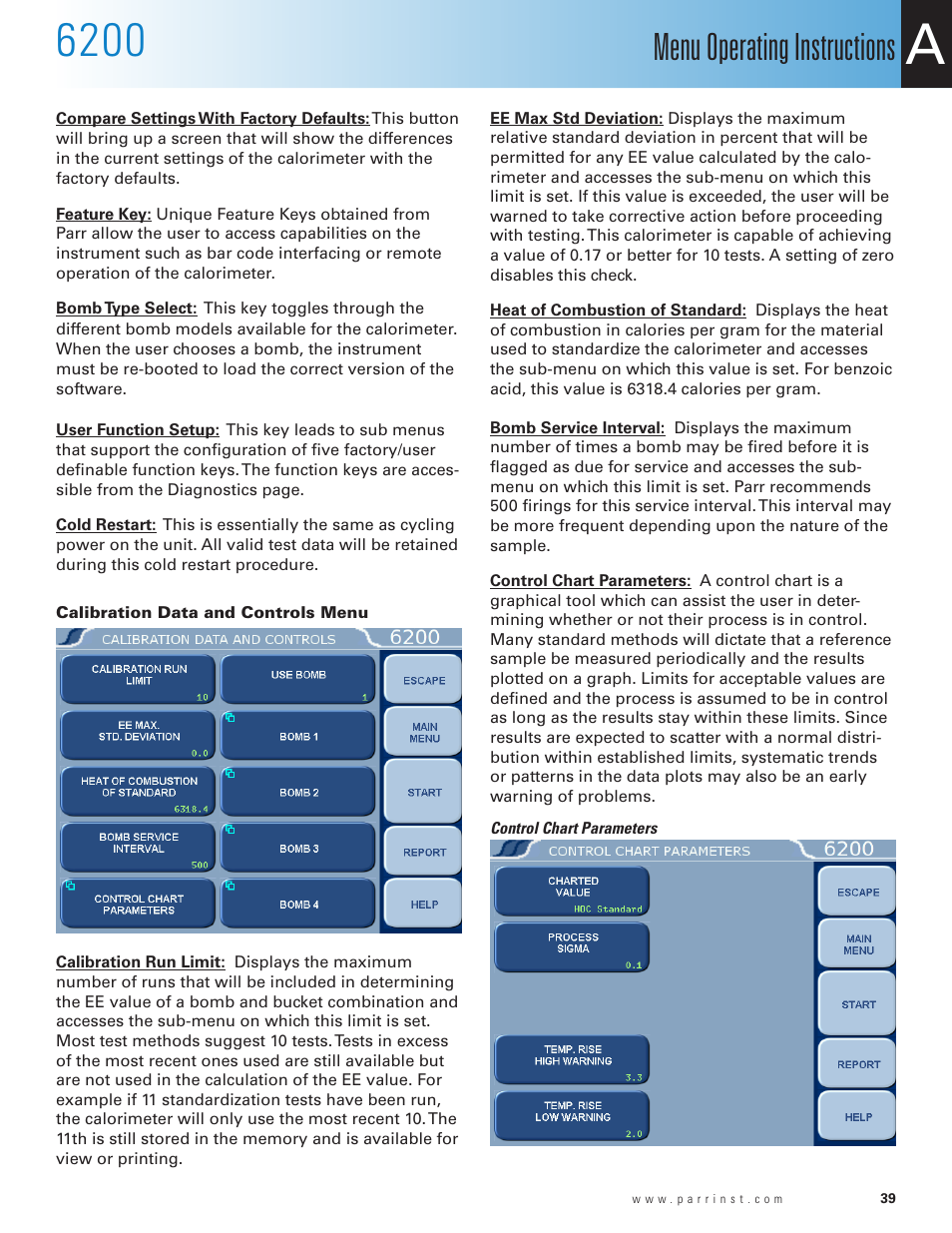 Calibration data and controls menu, Menu operating instructions | Parr Instrument 6200 User Manual | Page 41 / 88