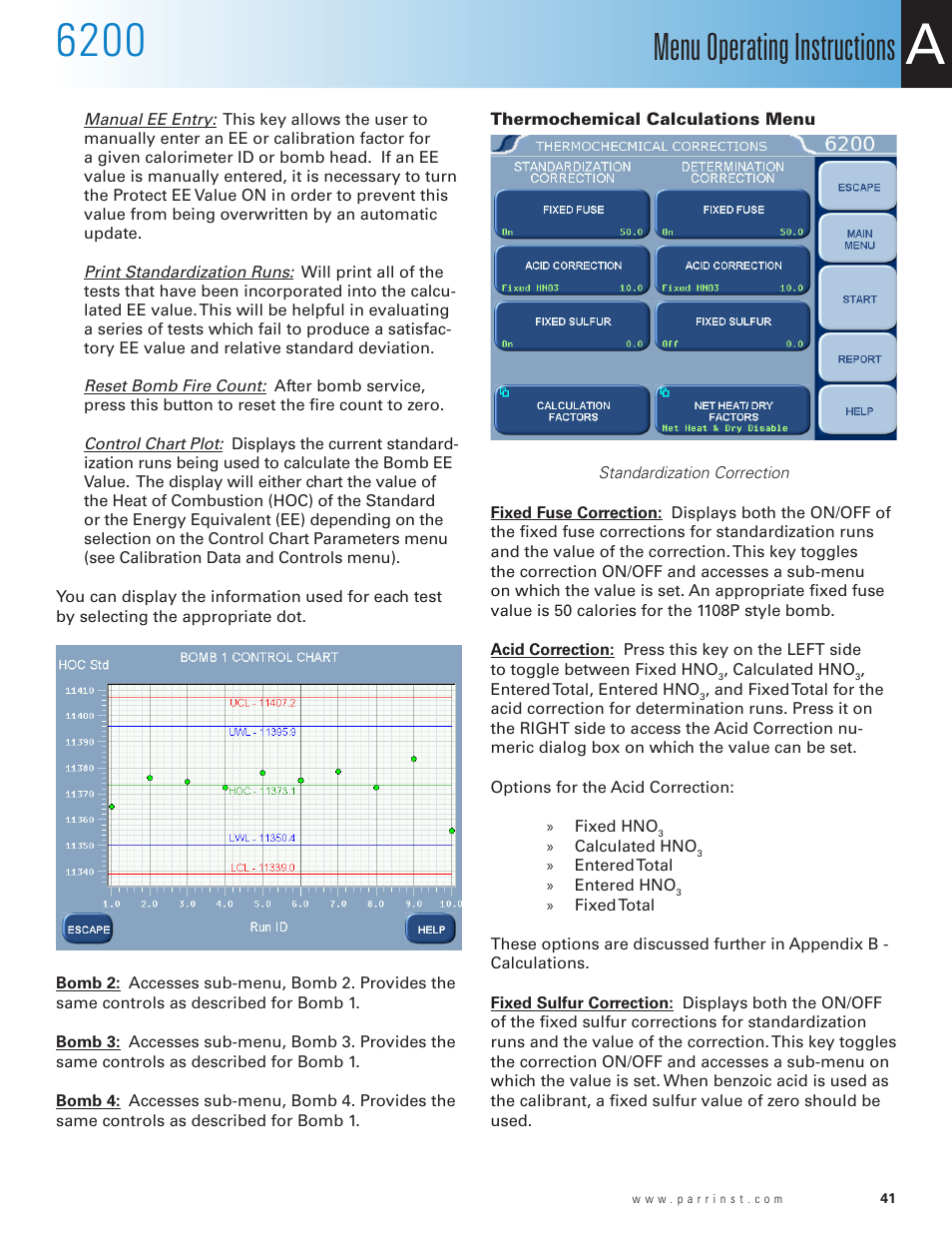 Thermochemical calculations menu, Menu operating instructions | Parr Instrument 6200 User Manual | Page 43 / 88