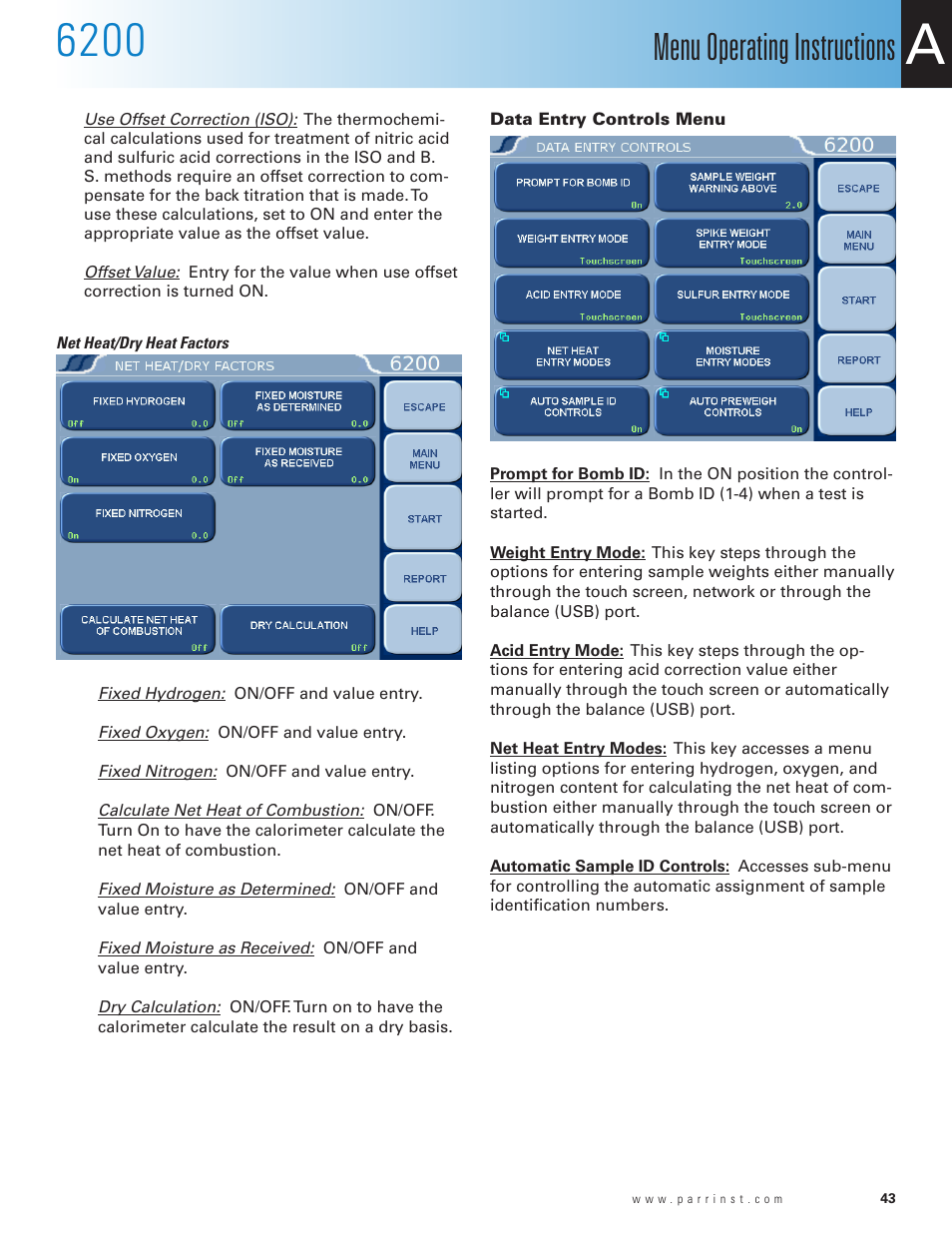 Data entry controls menu, Menu operating instructions | Parr Instrument 6200 User Manual | Page 45 / 88