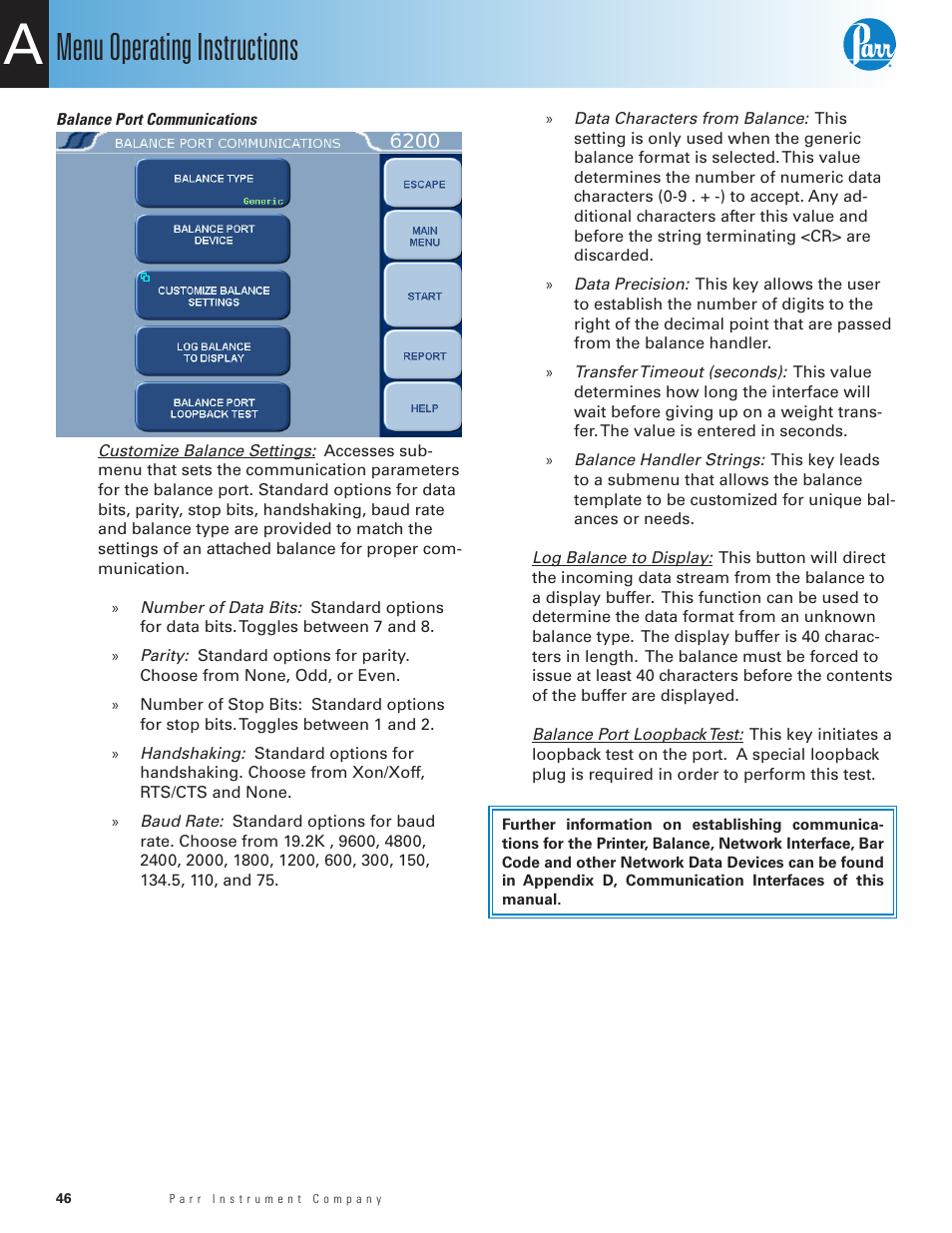 Menu operating instructions | Parr Instrument 6200 User Manual | Page 48 / 88