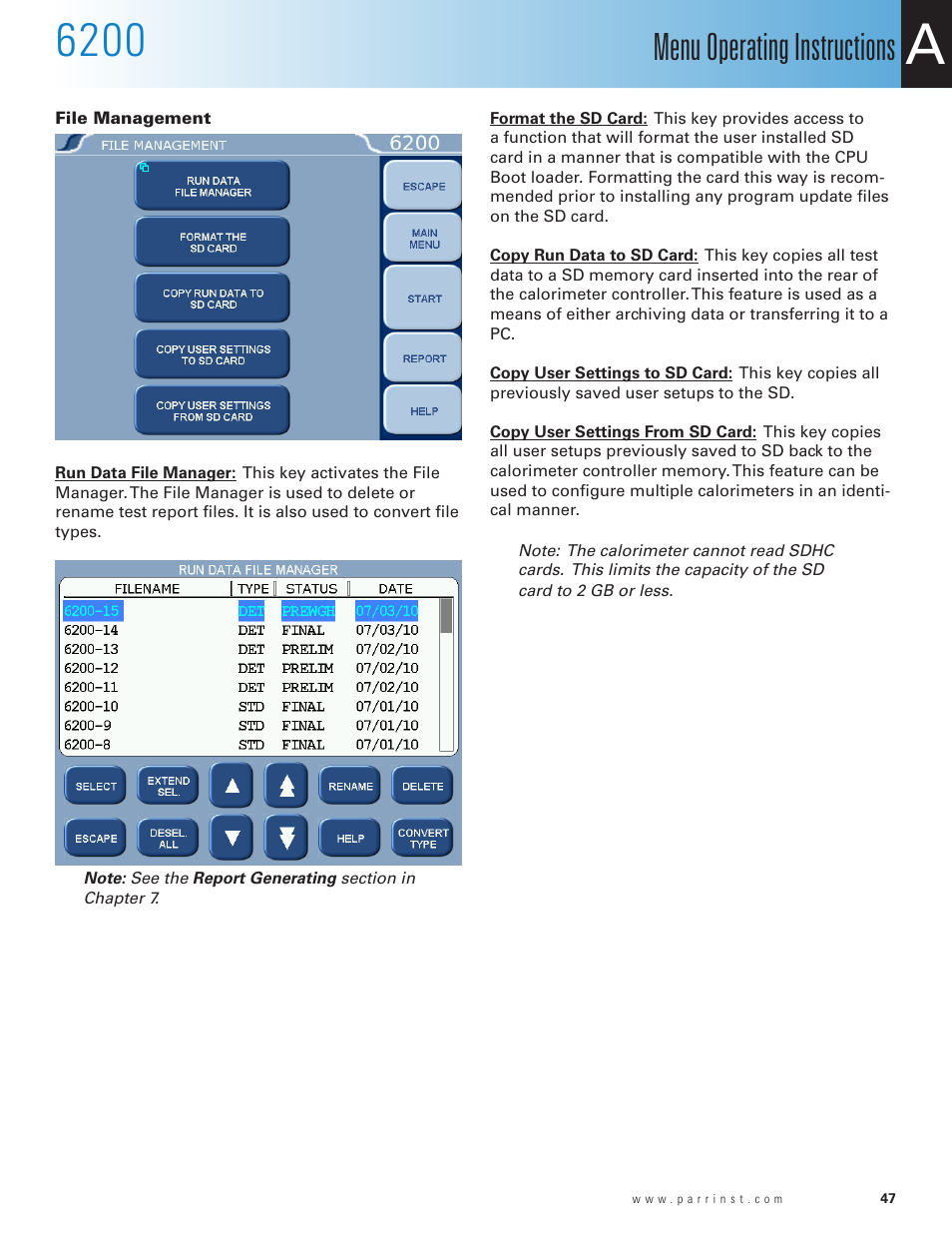 File management, Menu operating instructions | Parr Instrument 6200 User Manual | Page 49 / 88
